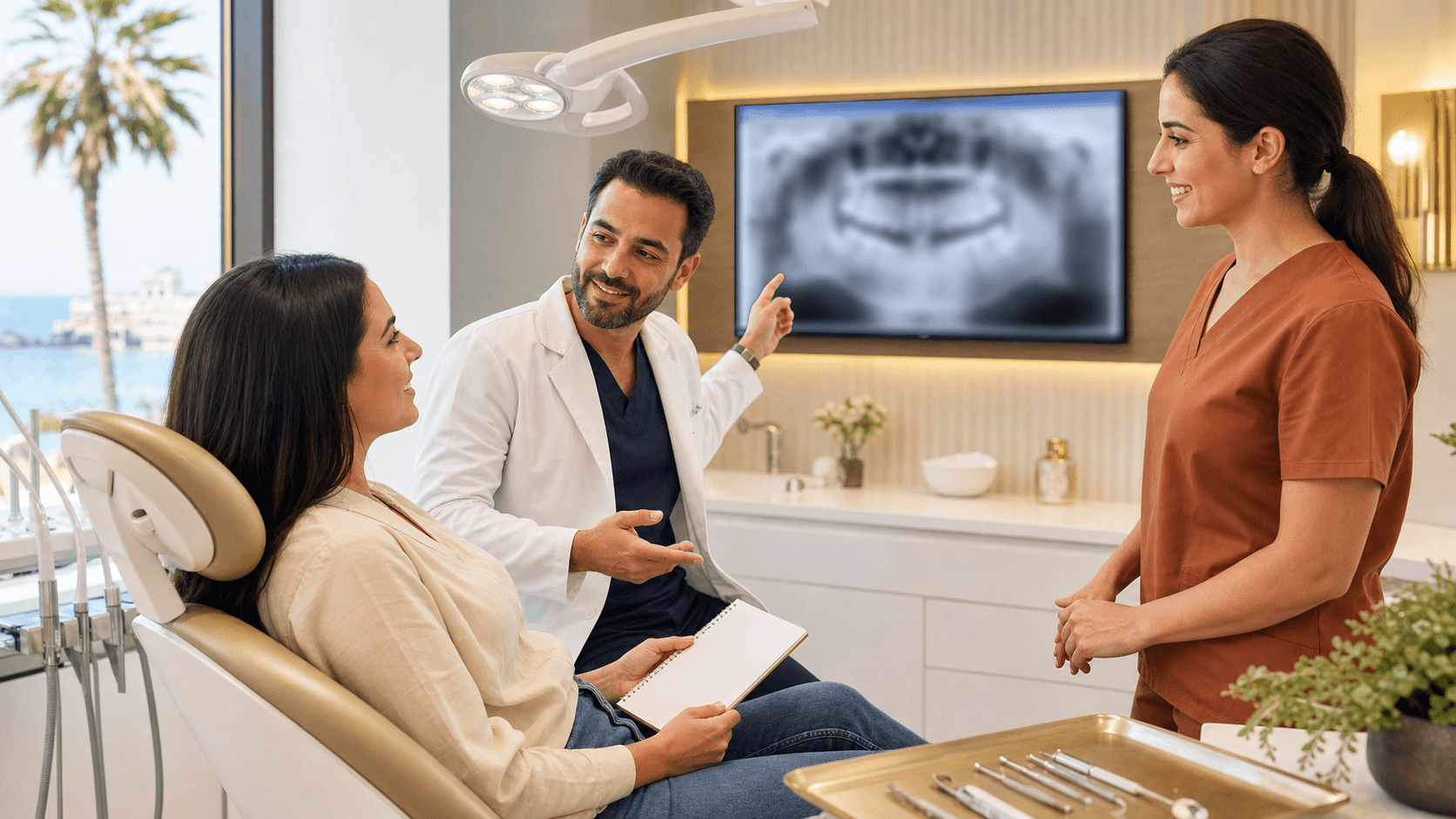 Smiling dentist in blue scrubs consults with seated patient in a bright white exam room with dental tools.