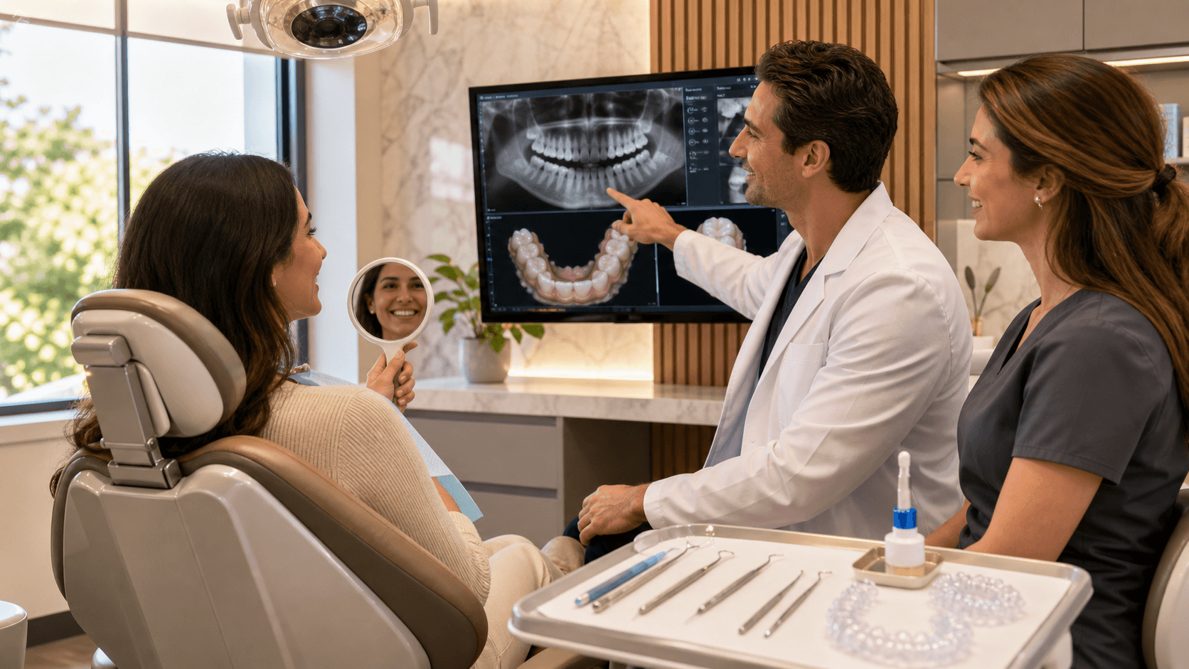Smiling dentist in blue scrubs examines a patient's teeth under a bright overhead light in a modern clinic.