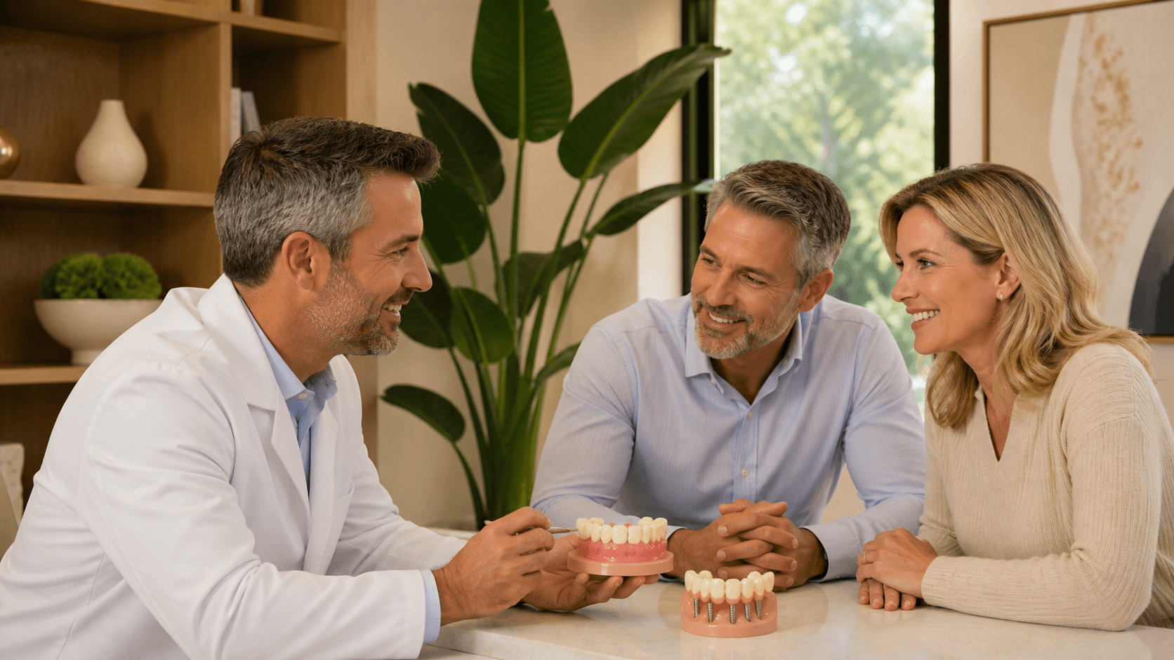 Smiling older woman and dentist reviewing a dental model in a bright, modern office.