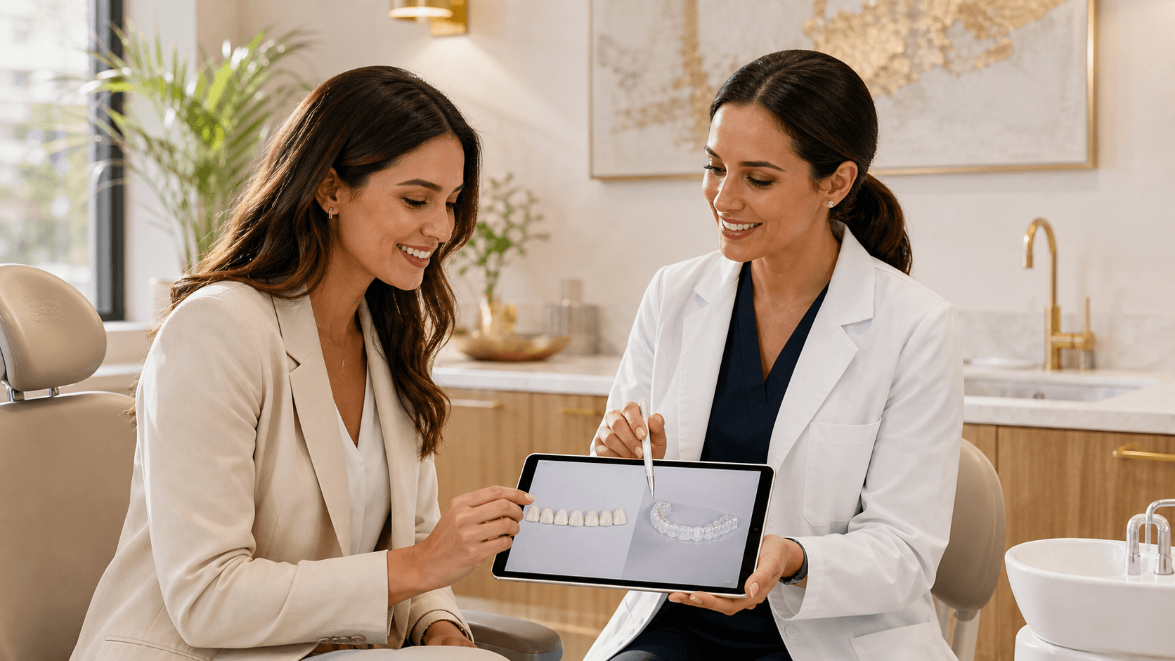 Smiling woman compares a dental veneer model and clear aligner against a bright white background.