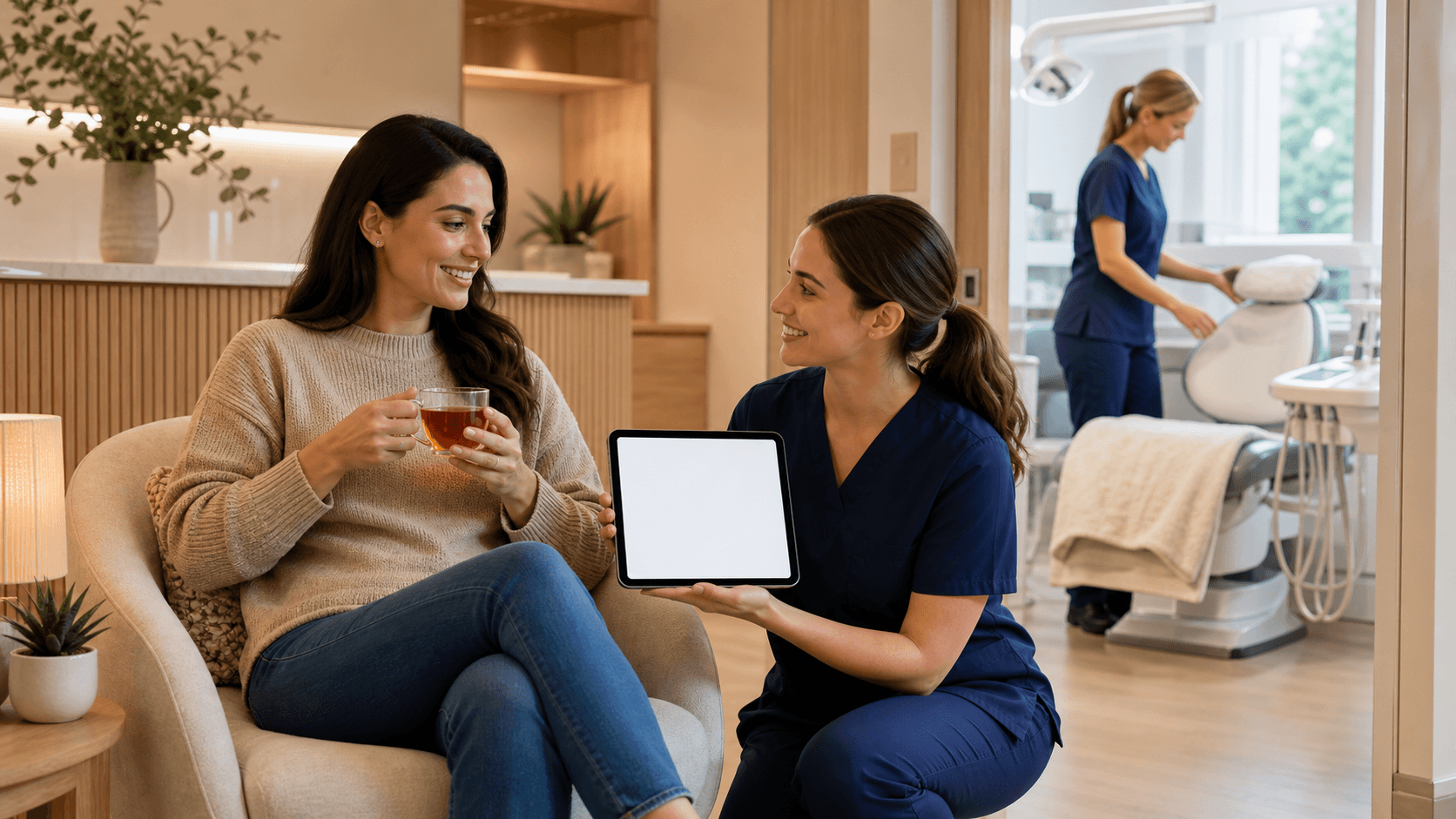Calm dental exam room with a reclining chair, soft blue walls, warm lighting, and a clipboard on a counter.