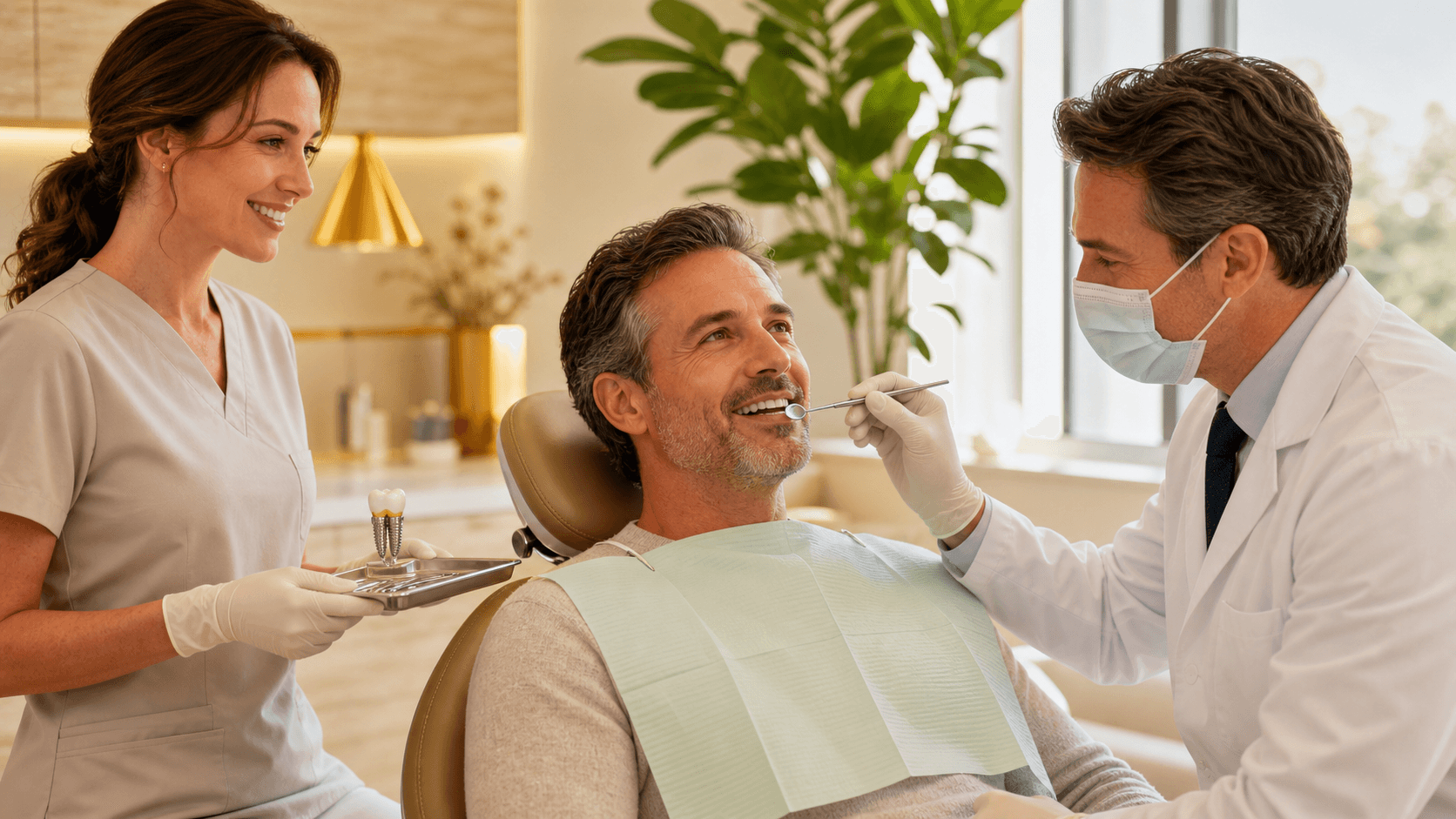 Smiling woman in a dental chair consults with a dentist beside bright X-ray images.