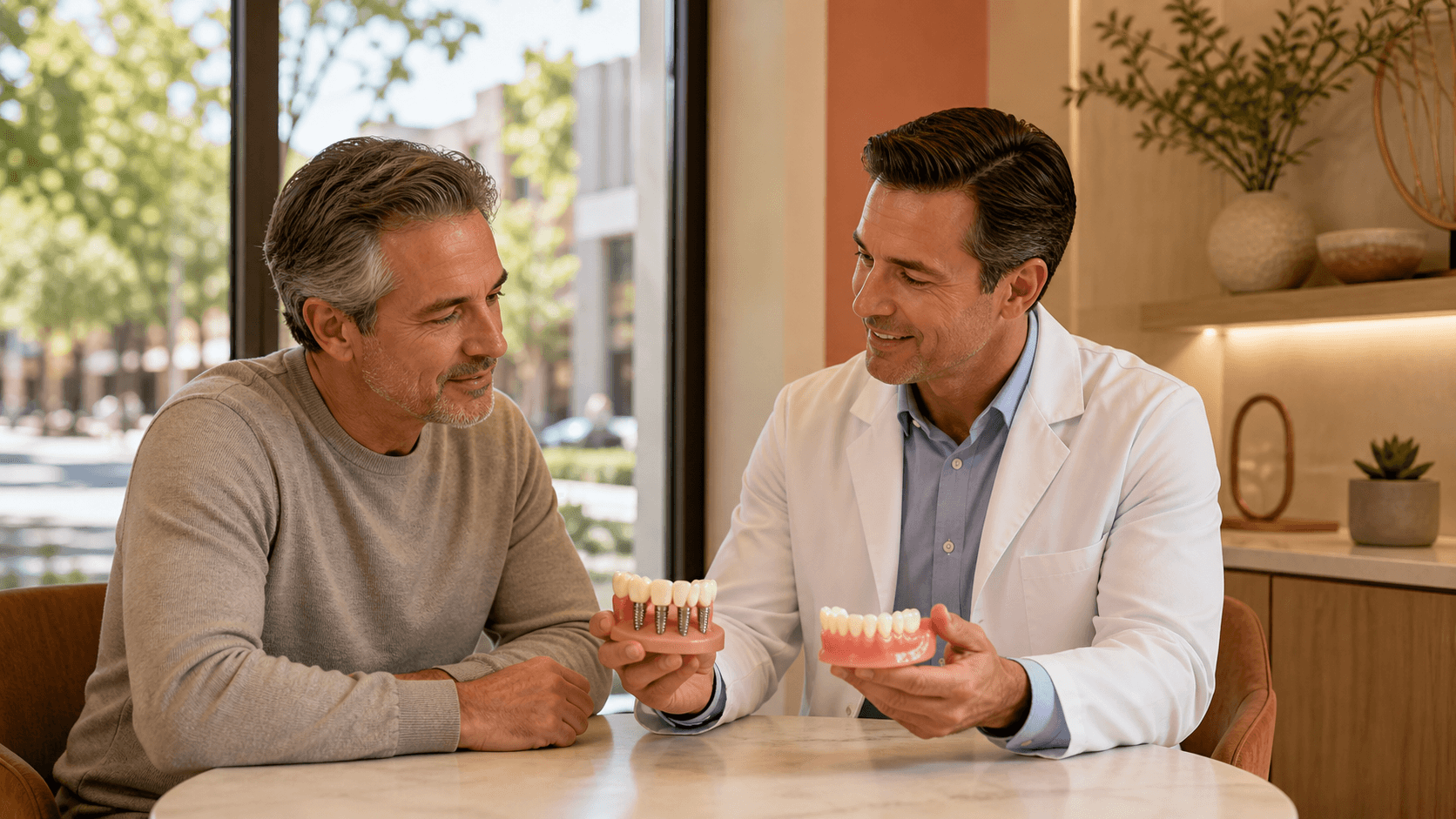 Split image of a dental implant model and dentures on a white surface with soft blue clinical lighting.