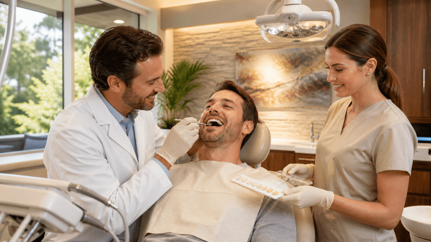 Smiling woman in a dental chair consults with a dentist in a bright, modern clinic.