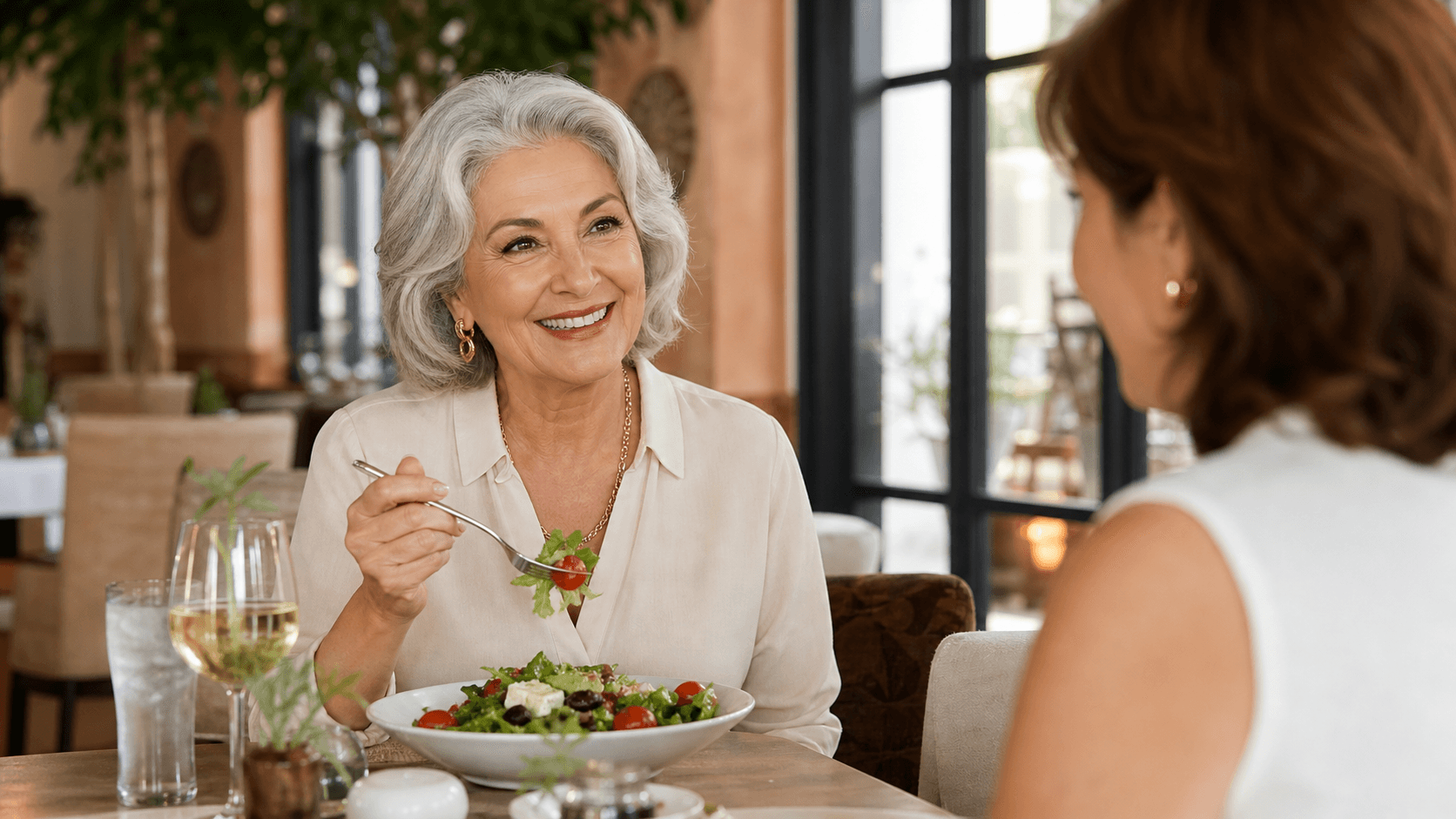 Smiling older woman in a bright kitchen holding an apple beside a glass of water