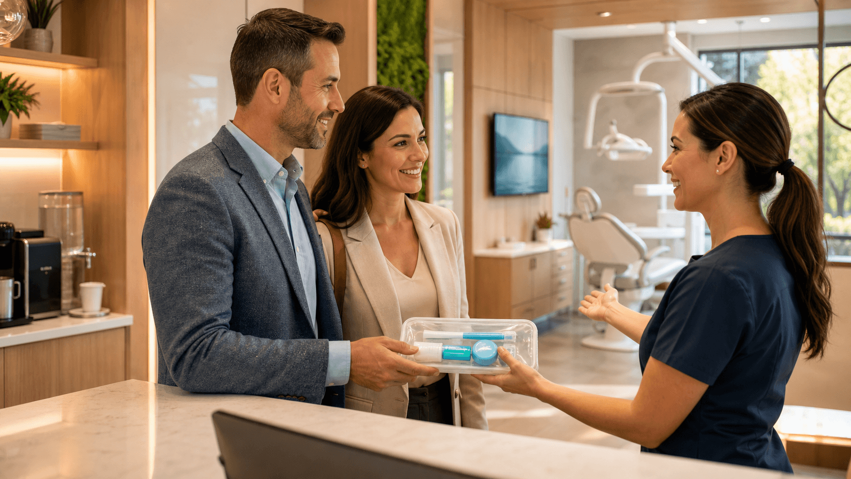 Smiling family in a bright dental clinic, dentist in blue scrubs holding a toothbrush near a chair.