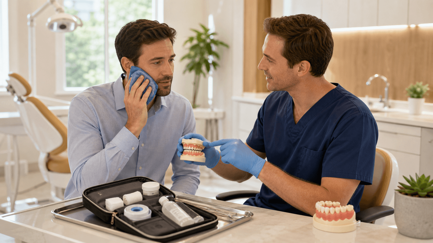 Smiling woman holds a toothache ice pack beside a first-aid kit on a bright white bathroom counter.