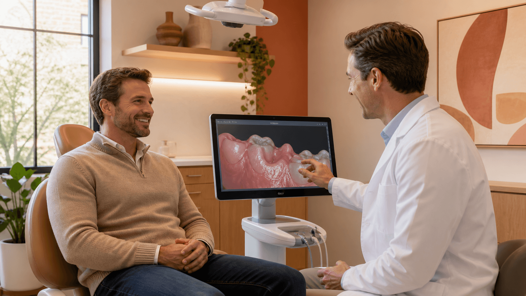 Smiling woman in a bright dental office speaks with a dentist holding a gum health model.