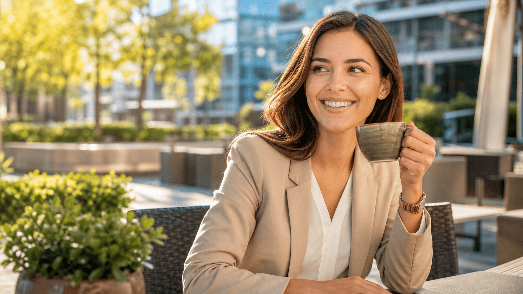 Smiling young woman wearing clear aligners in a bright, modern indoor setting.