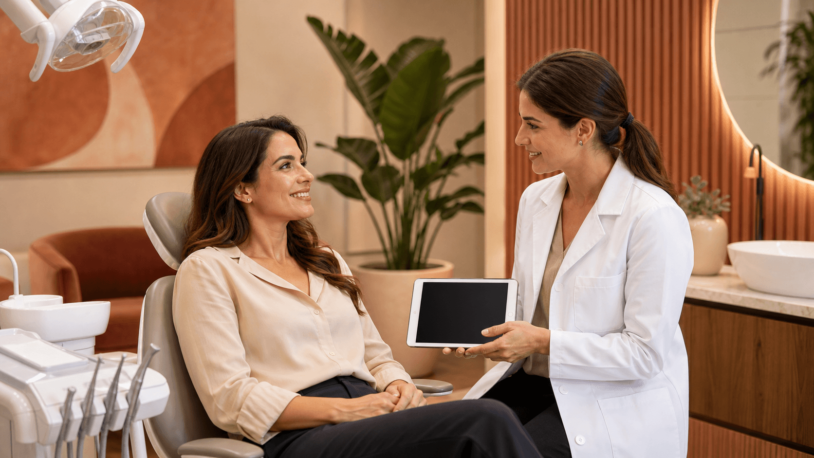 Smiling woman in a dental chair receives a gentle exam in a bright, modern clinic.