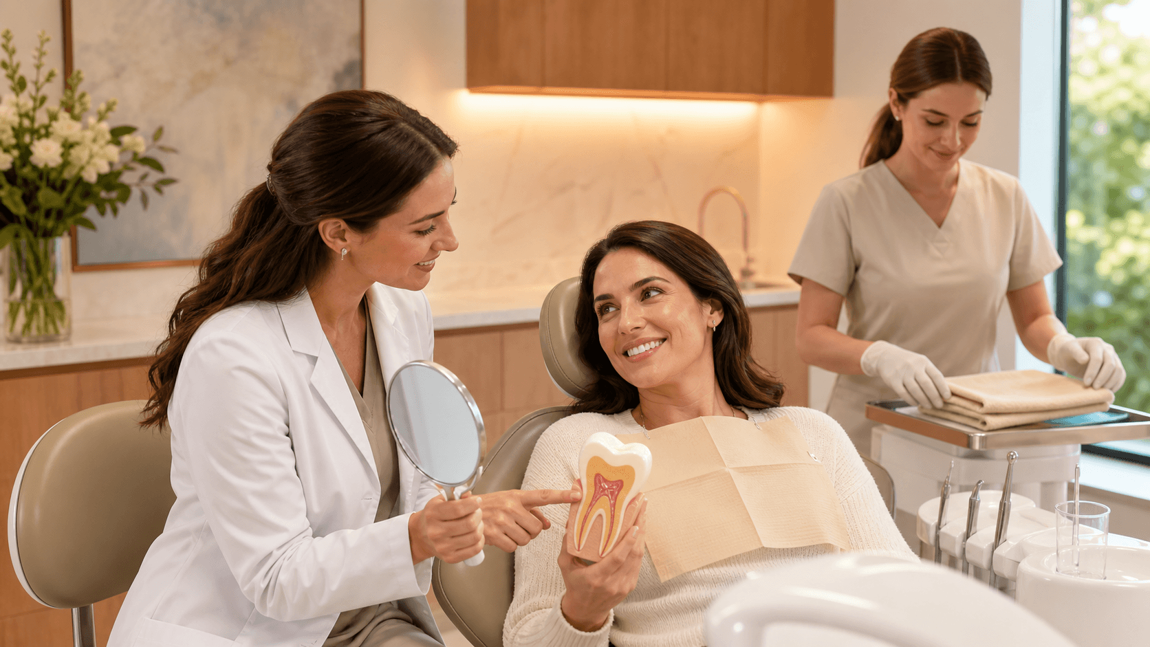 Smiling dentist in blue scrubs examines a patient under bright light in a clean white dental office.