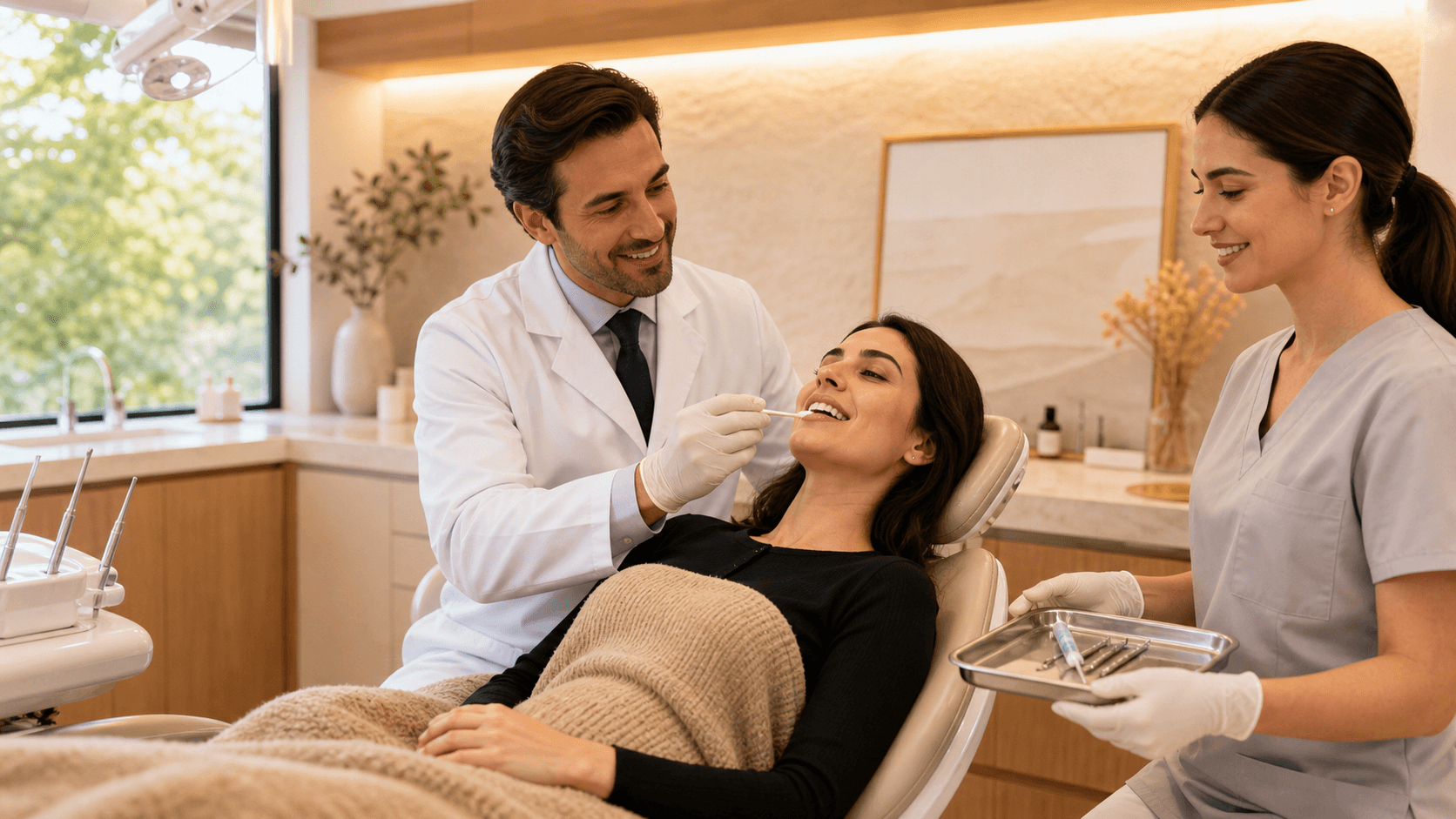 Dentist in blue gloves holds a syringe near a patient's open mouth under bright clinical lighting.