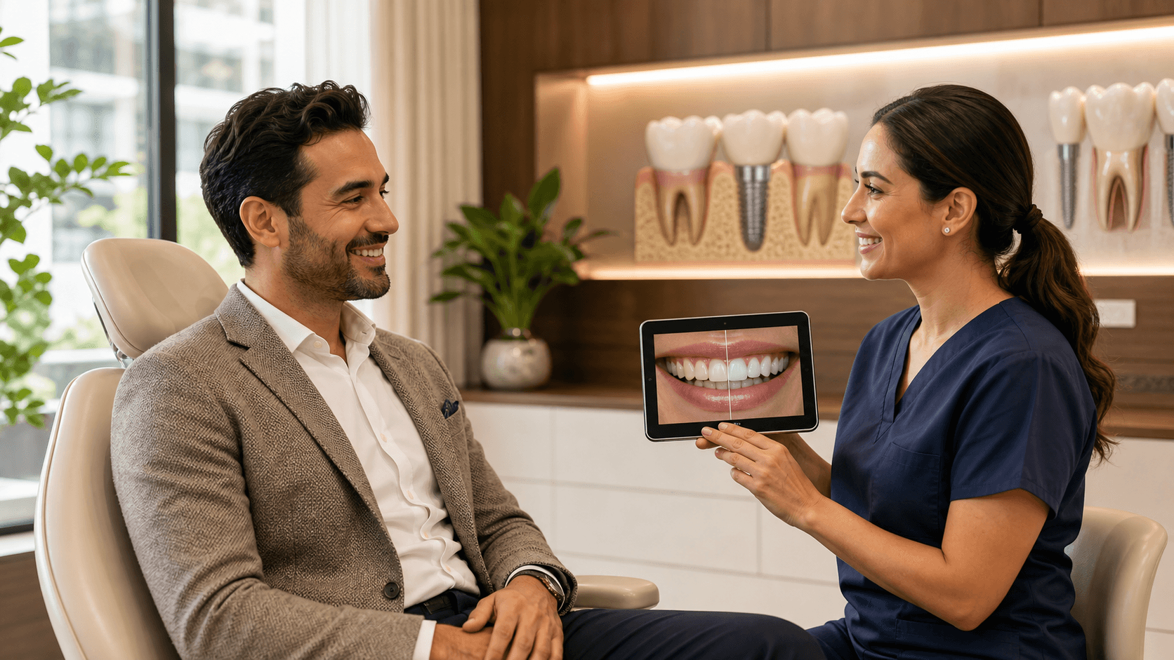Smiling woman in a bright dental office talks with a dentist beside a digital implant scan.