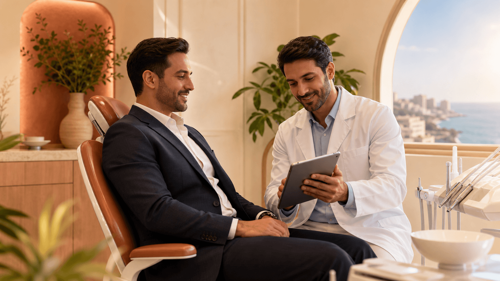 Smiling woman in a bright dental office speaks with a dentist beside a glowing digital x-ray display.