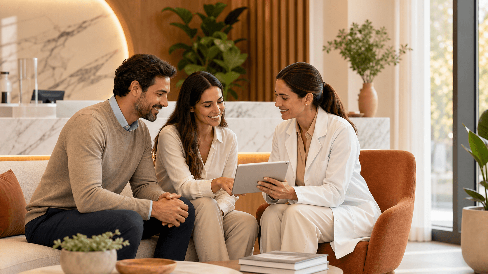 Smiling family seated in a bright dental office with a dentist in a white coat.
