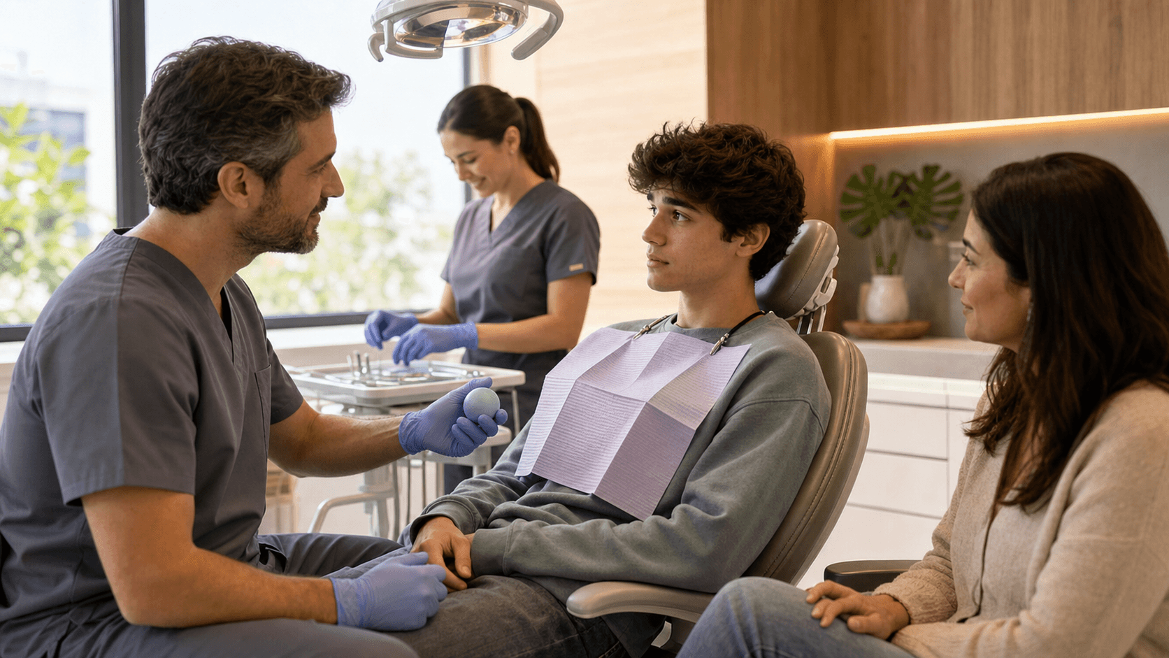 Teen in dental chair with worried expression as dentist in mask offers reassurance in a bright, modern clinic.