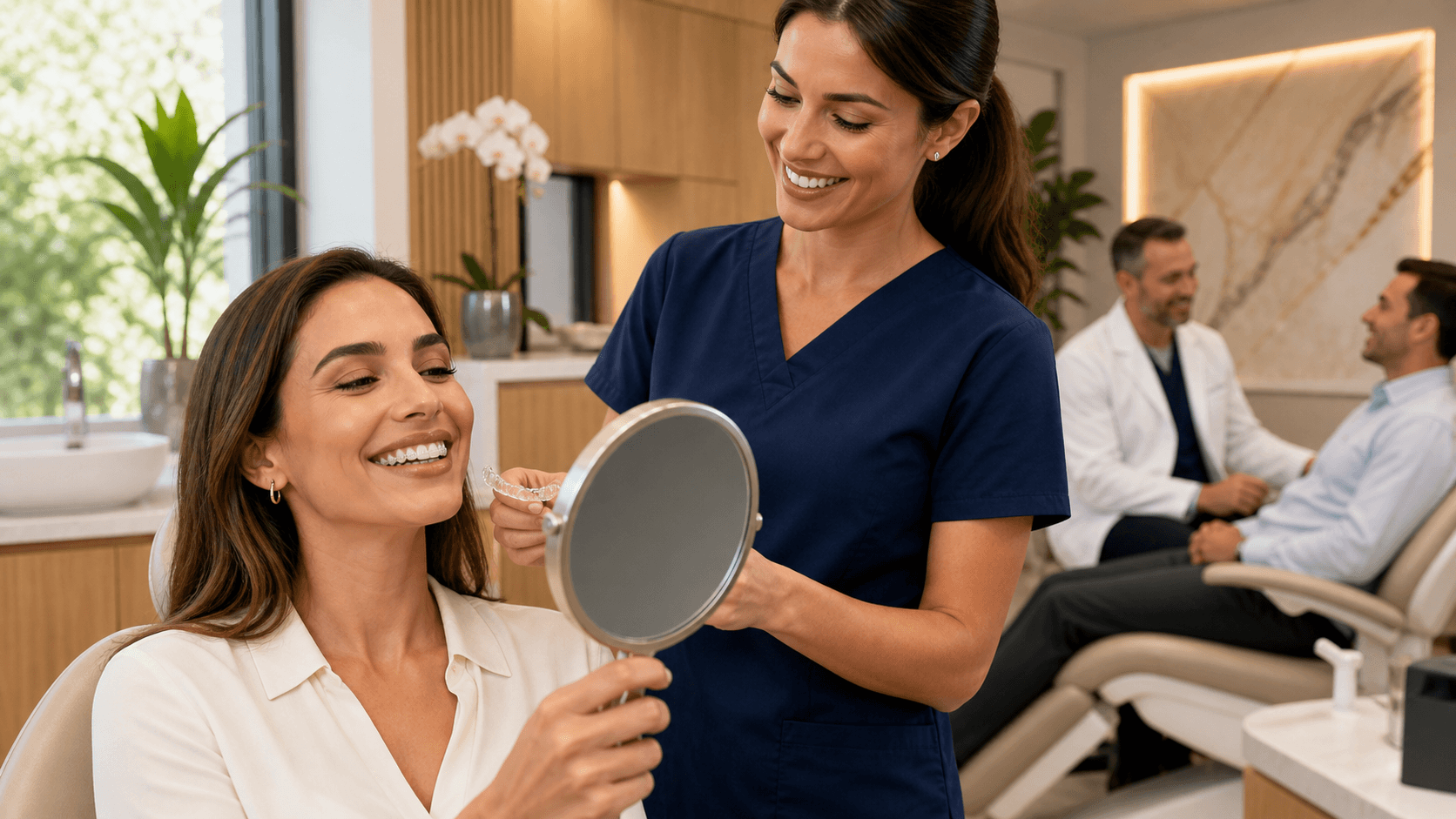 Smiling adult in clear braces in a bright dental office, soft natural light, neutral tones, close-up portrait