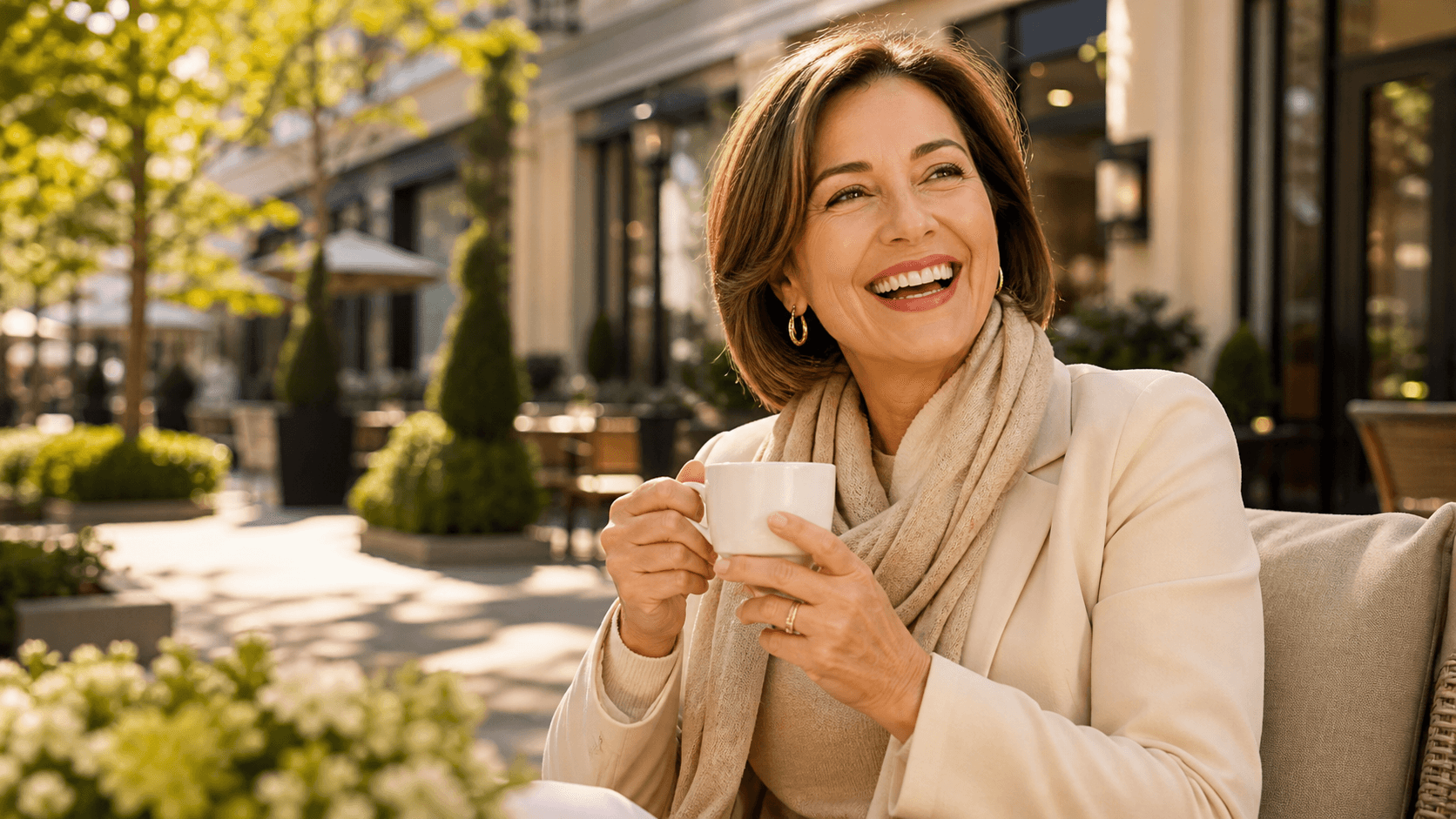 Smiling woman in a bright dental office, with soft blue accents and a dentist reviewing her implant care.