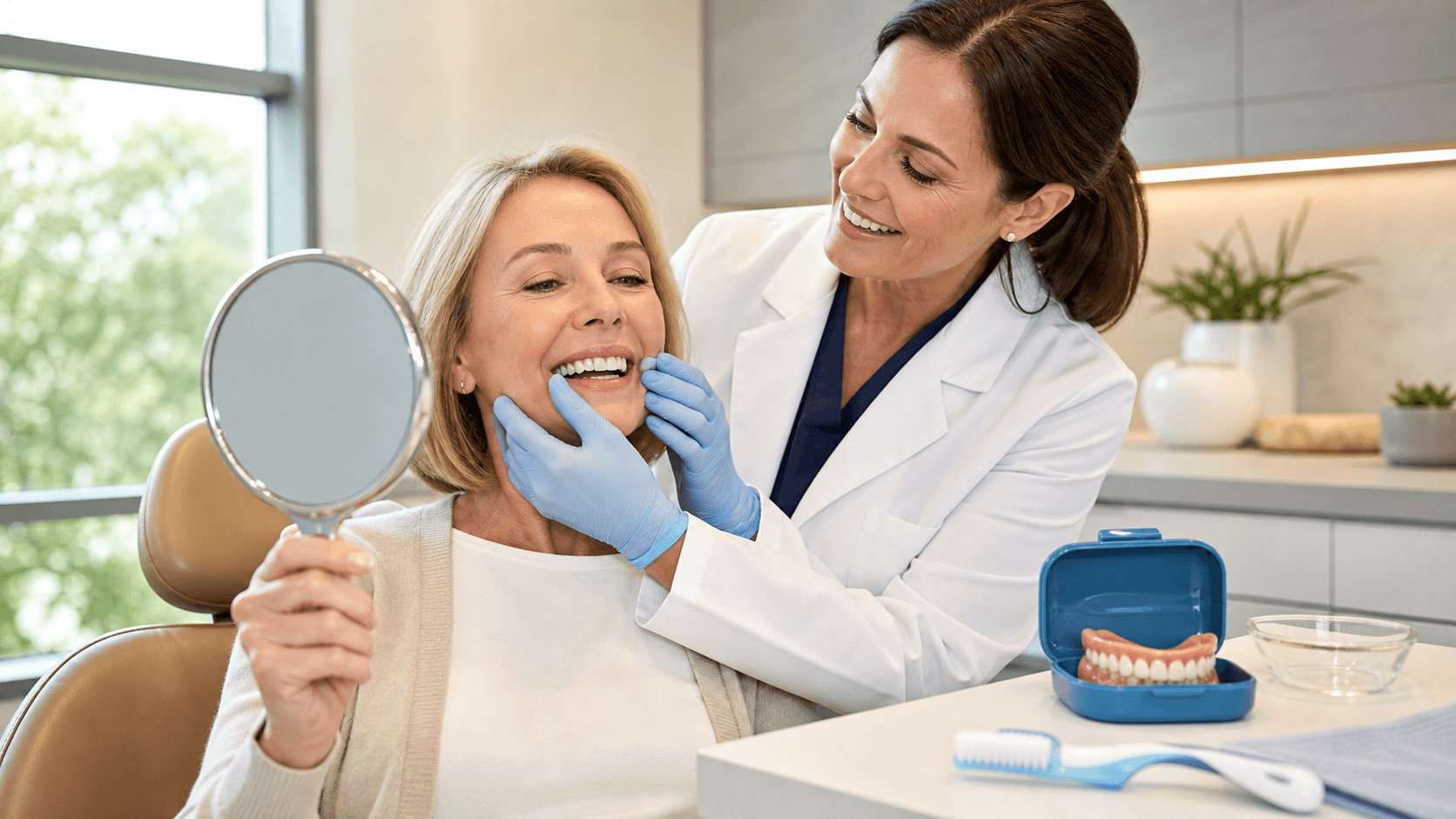 Smiling senior holding a denture case in a bright, clean bathroom with soft natural light and neutral tones
