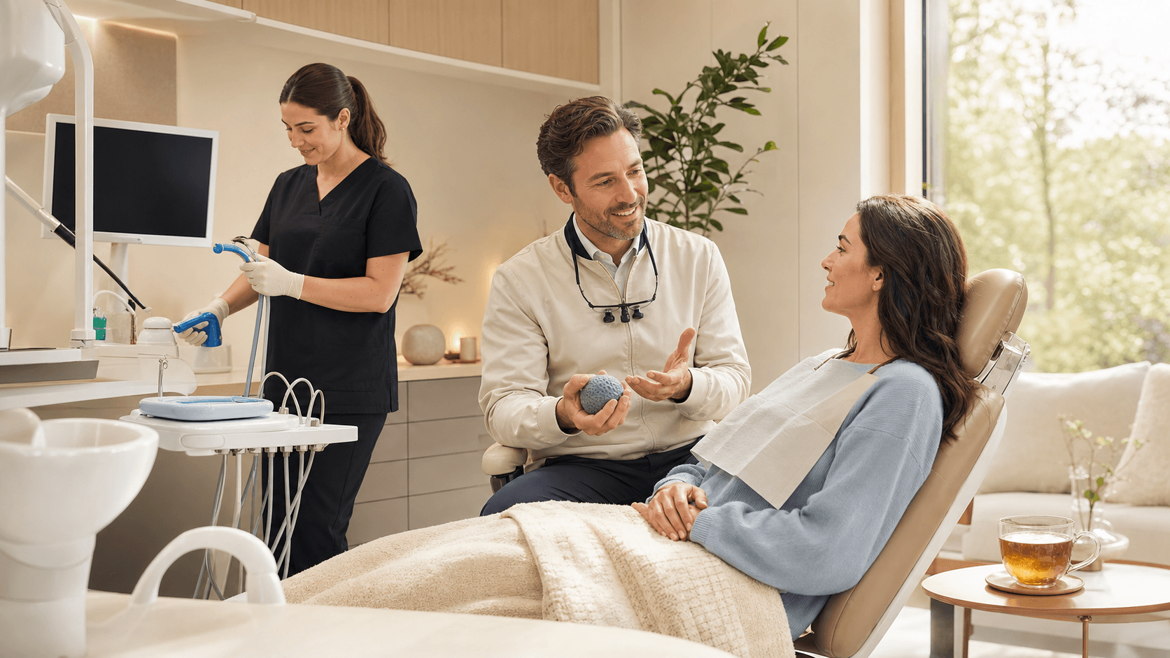 Calm dental chair under soft blue lighting with a masked dentist holding tools beside a smiling patient.