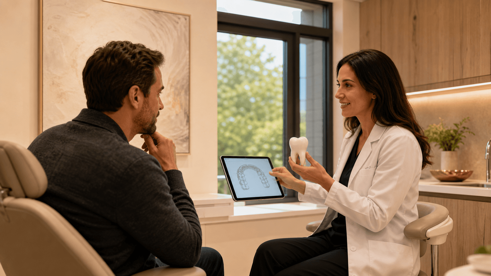 Smiling woman consults with a dentist holding a jaw X-ray in a bright, modern dental office.