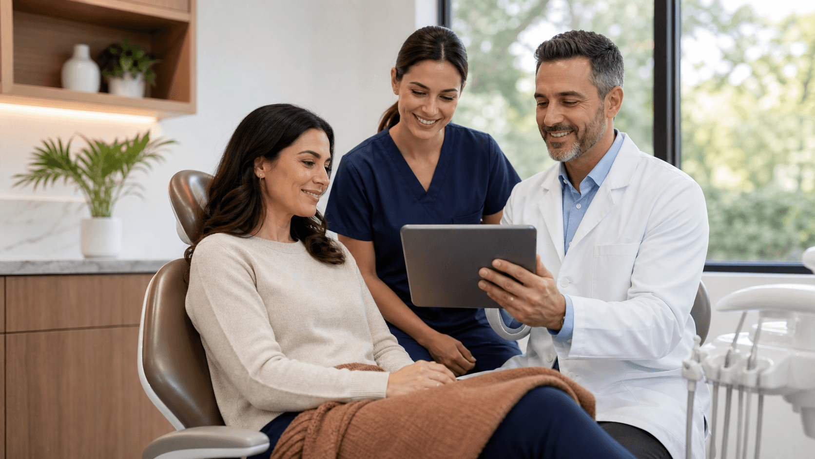 Calm dental office scene with a smiling patient in a chair, soft daylight, neutral tones, and simple decor.