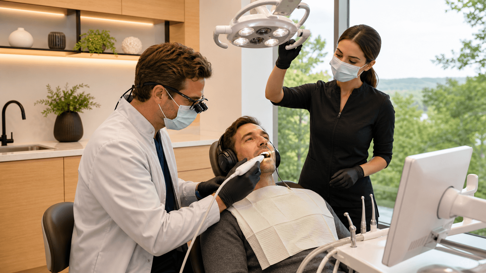 Bright modern dental room with a reclining chair, overhead light, and sleek tools on a counter in soft daylight