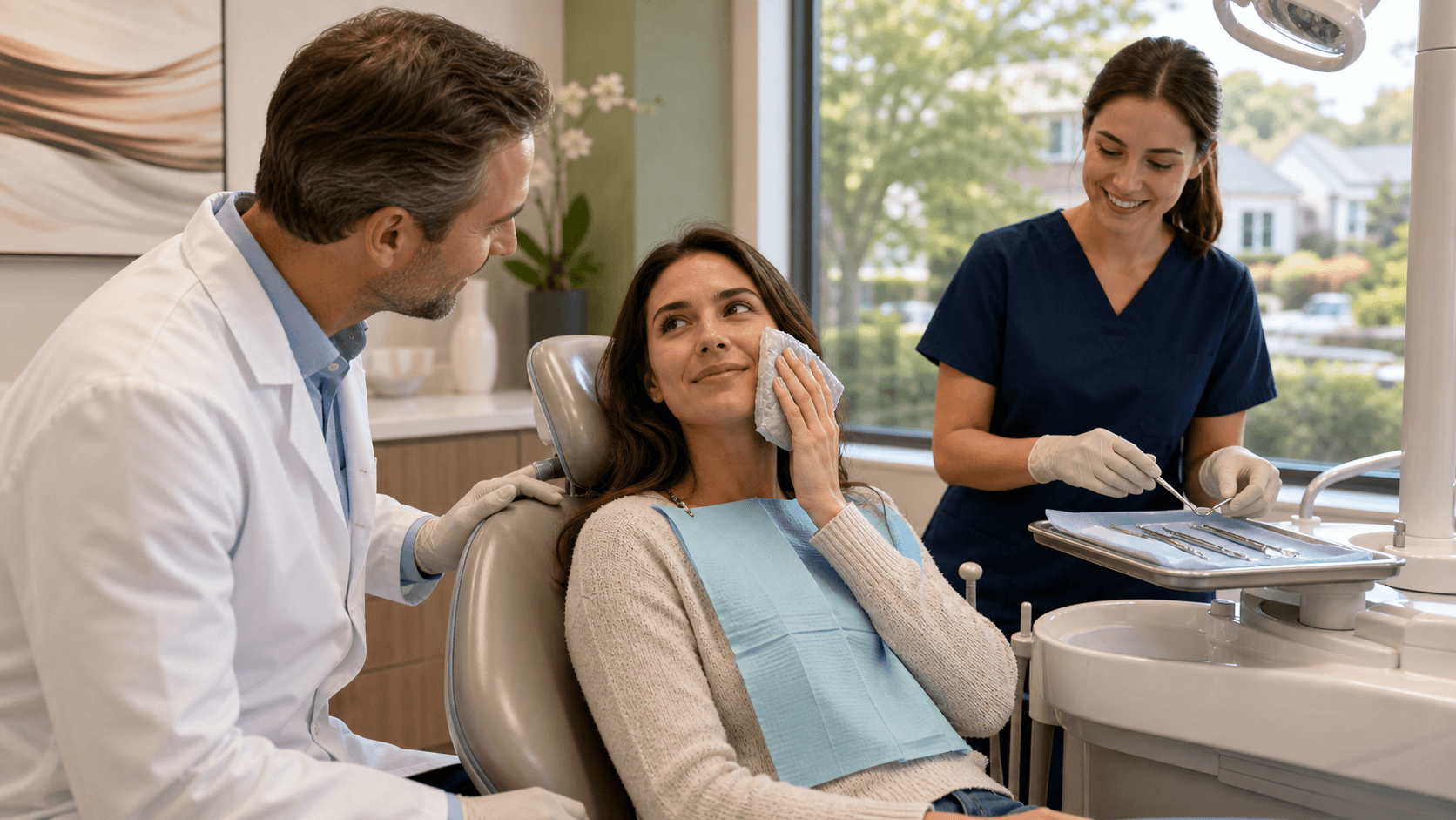 Calm dental clinic scene with a smiling dentist in blue scrubs, bright lighting, and a patient in a reclining chair.
