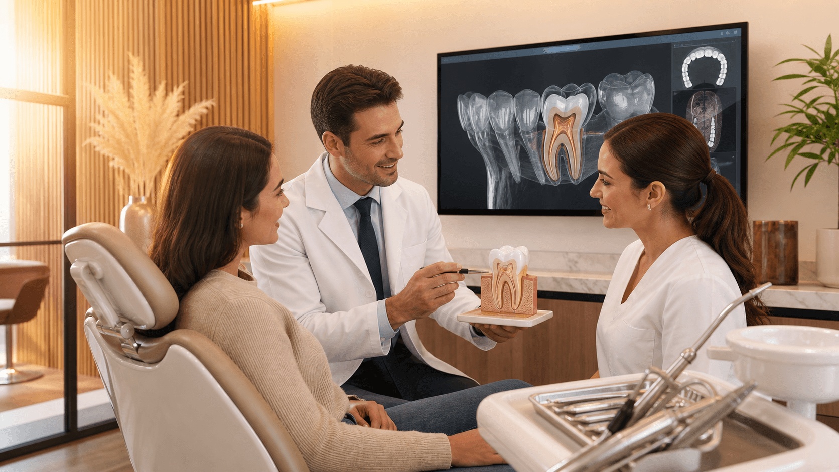 Bright dental clinic scene with dentist holding X-ray beside a model tooth, blue accents and soft lighting.