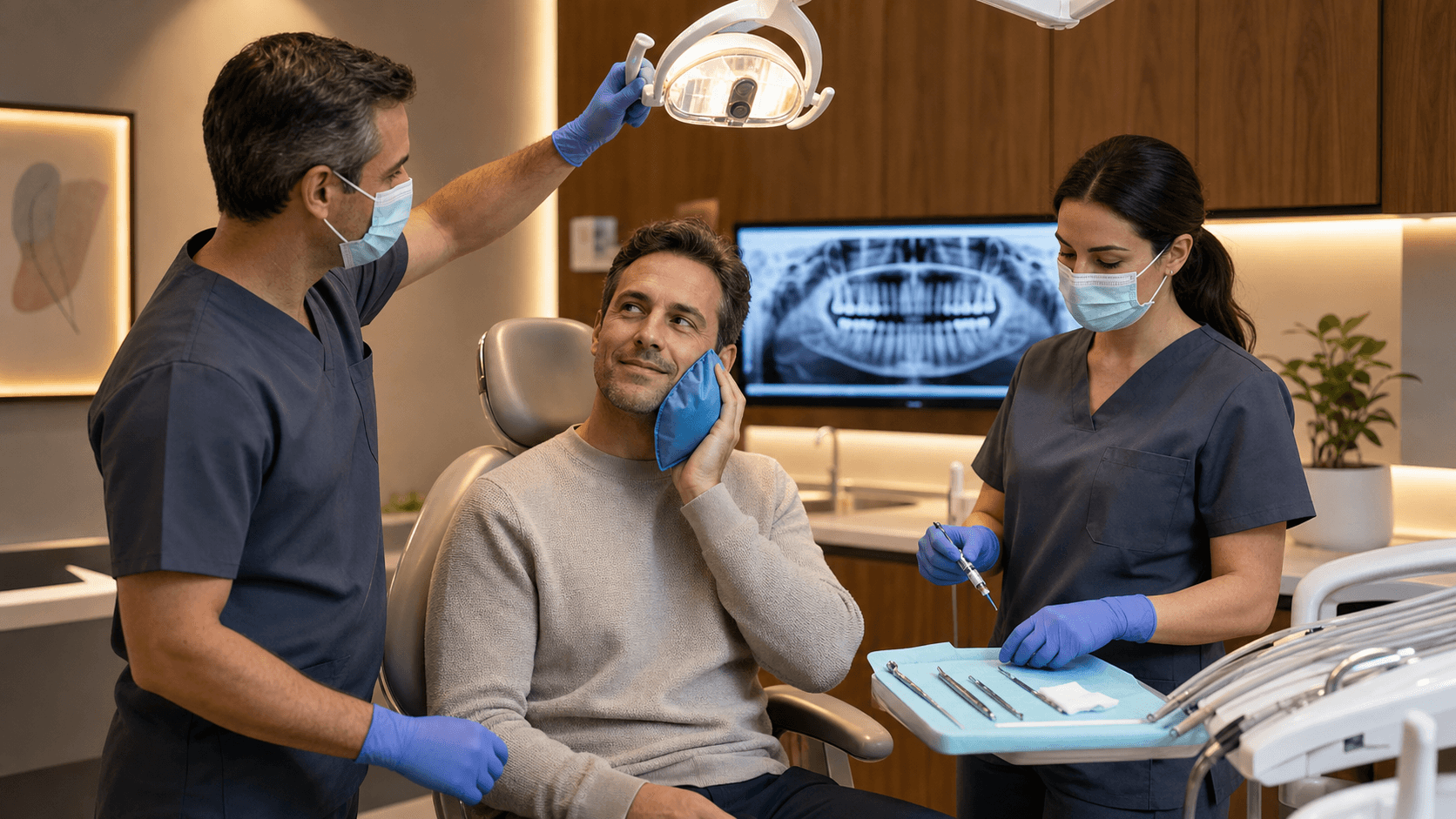 Dentist in blue scrubs examining a patient in a bright clinic, with dental x-ray displayed on a monitor.