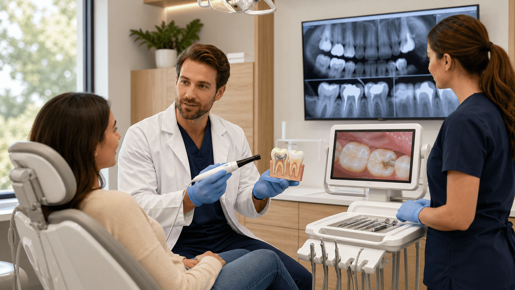 Dentist in blue gloves examines a molar filling with a mirror under bright exam light in a clean white clinic.