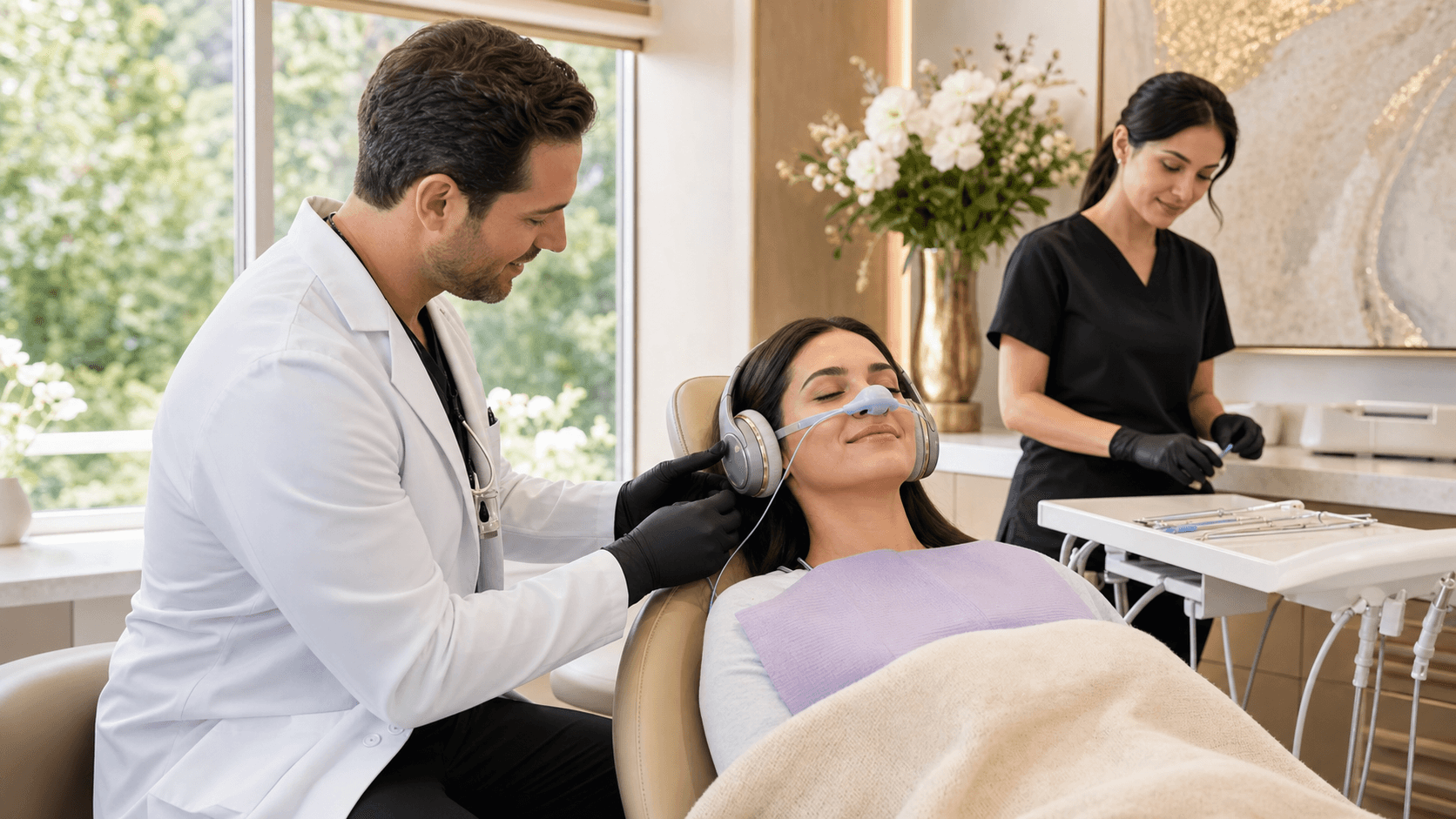 Smiling patient in a dental chair with a dentist in mask and blue scrubs, softly lit clinic background.