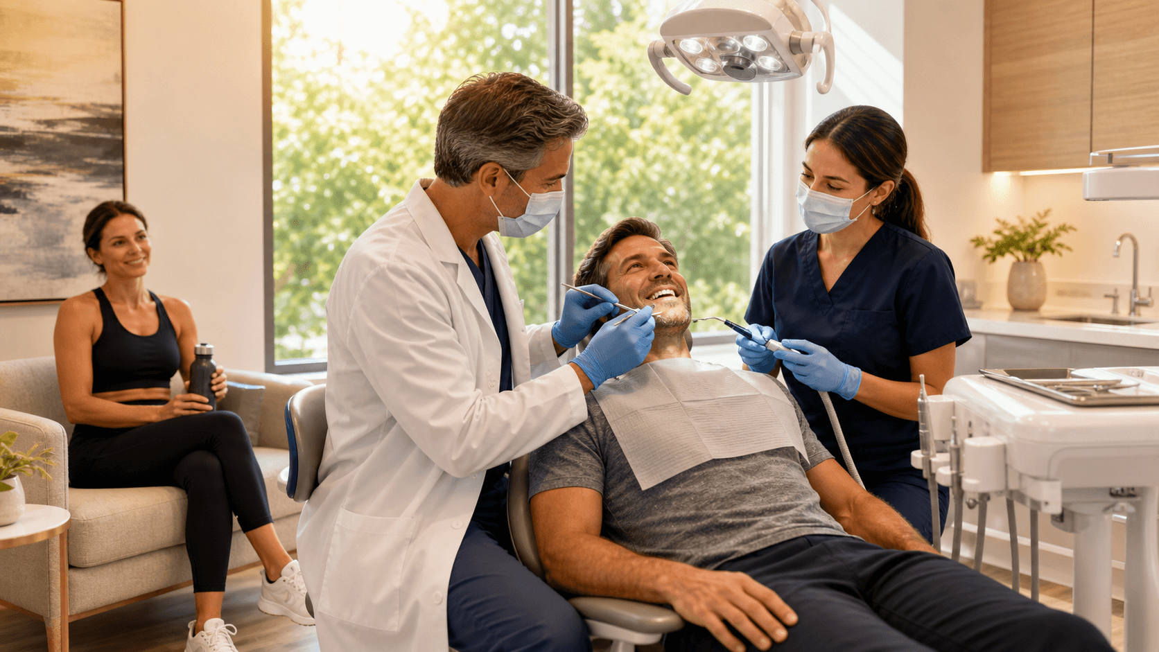 Smiling middle-aged adult in a bright dental chair, dentist in mask holding mirror under warm summer light.