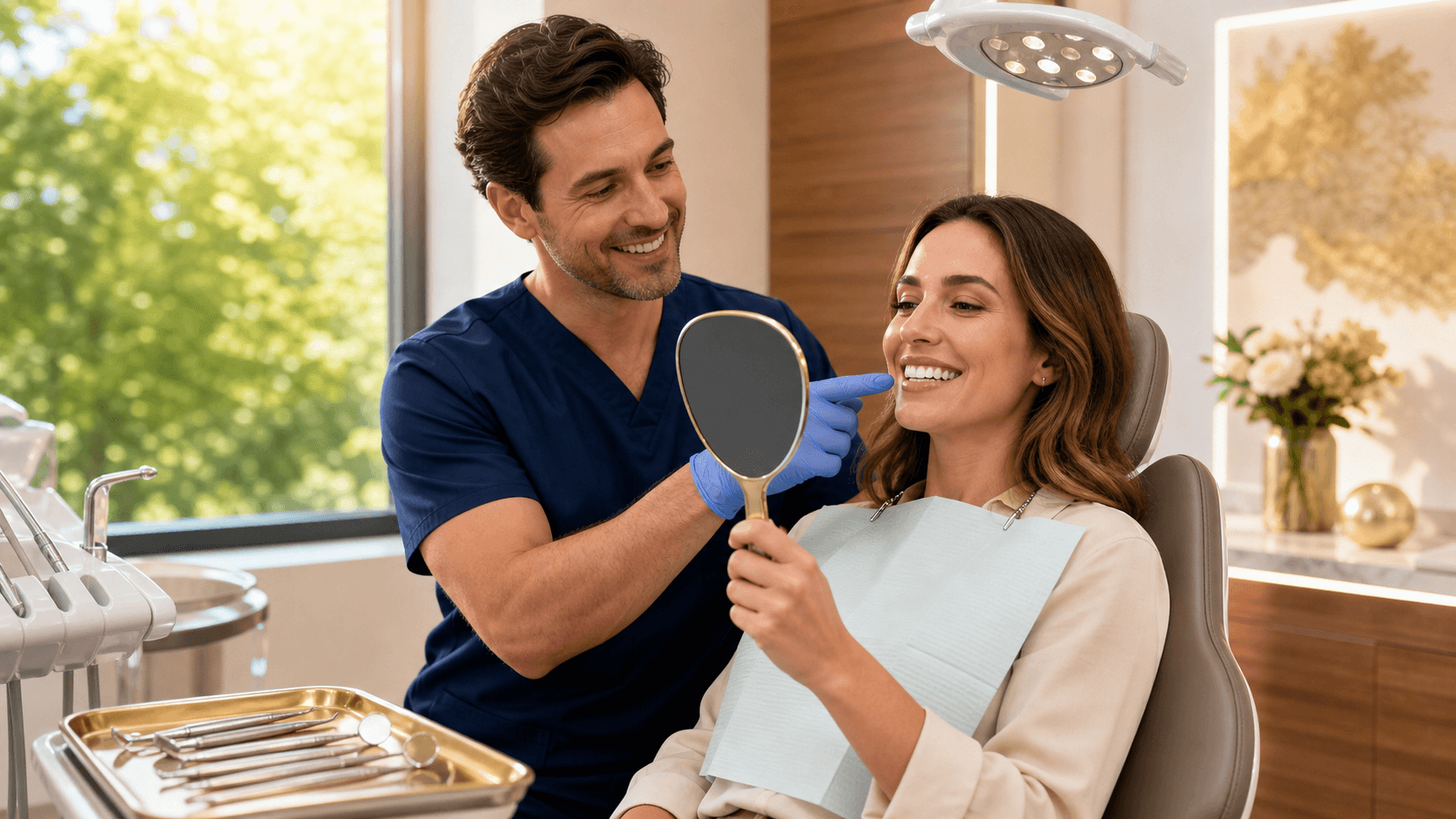 Smiling dentist in white coat holds a dental mirror in a bright clinic with sunlit window and green plants.