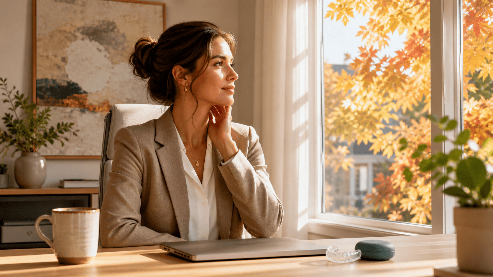 Close-up of a woman in a cozy sweater pressing her jaw against a backdrop of golden autumn leaves.