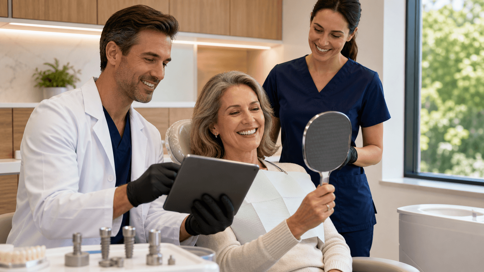 Smiling patient in dental chair as gloved dentist shows a full set of bright white dentures under clinic lights.