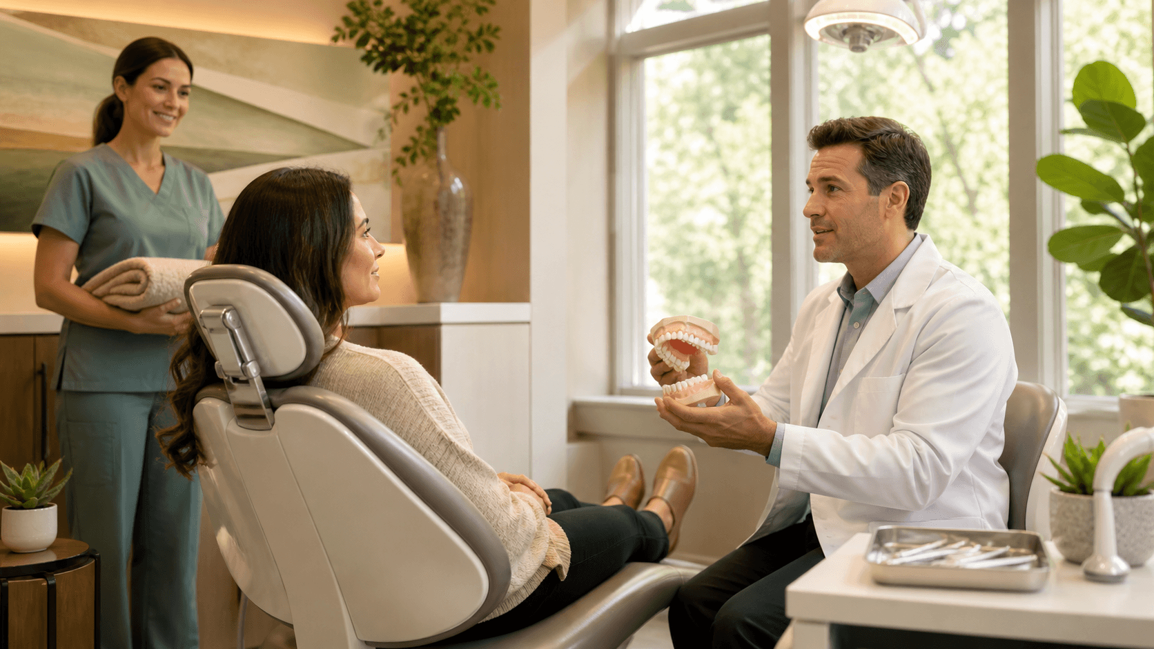 Smiling patient speaks with a dentist in a bright, modern treatment room with soft blue accents.