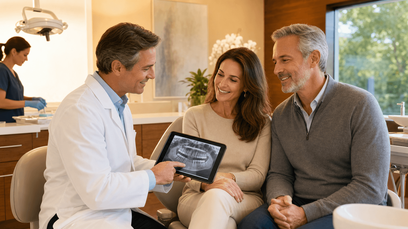 Smiling middle-aged couple in a bright dental office, dentist in blue scrubs holding a clipboard beside them.