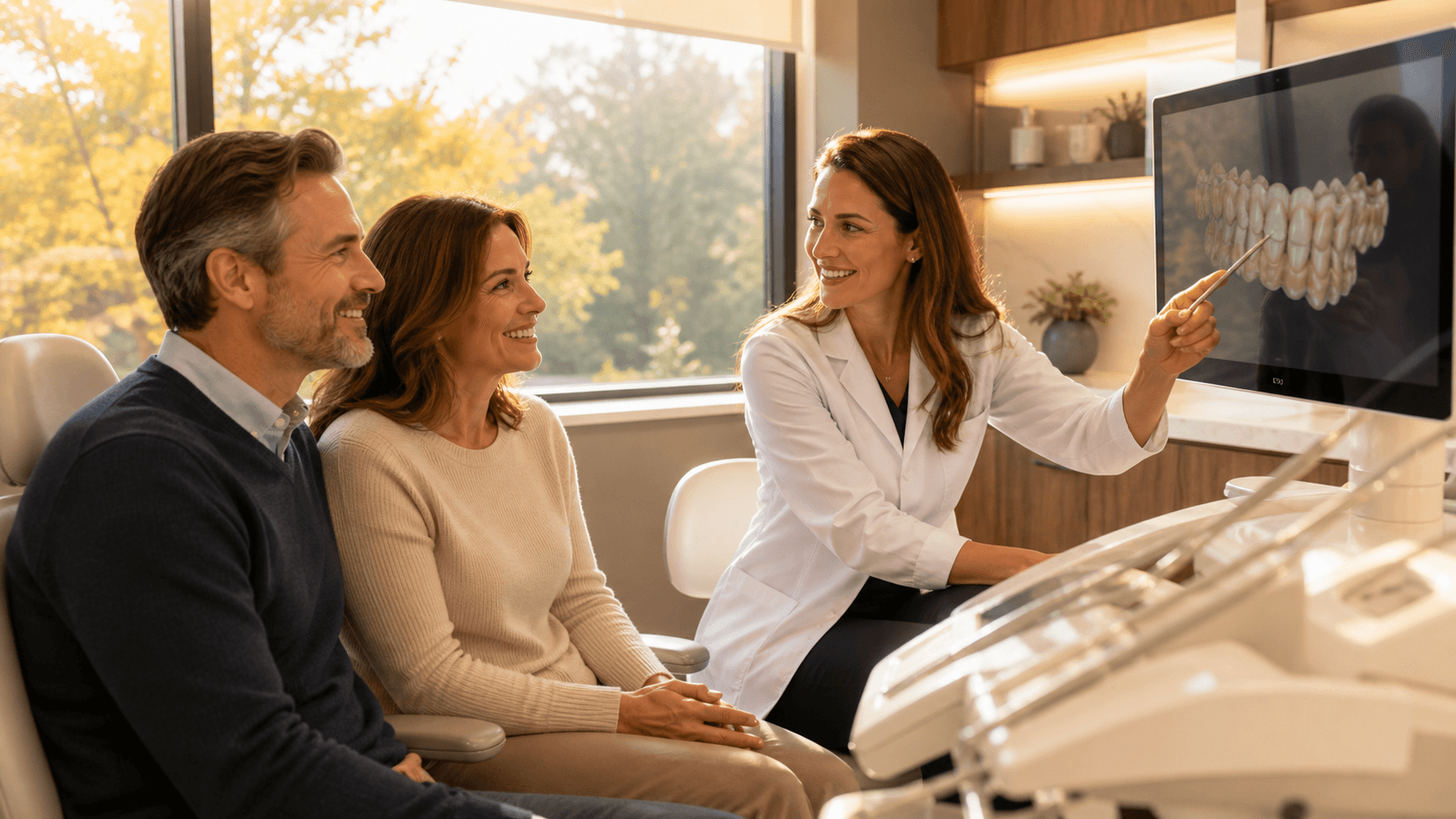 Smiling family seated in a bright dental office, with a dentist in a white coat speaking to them.