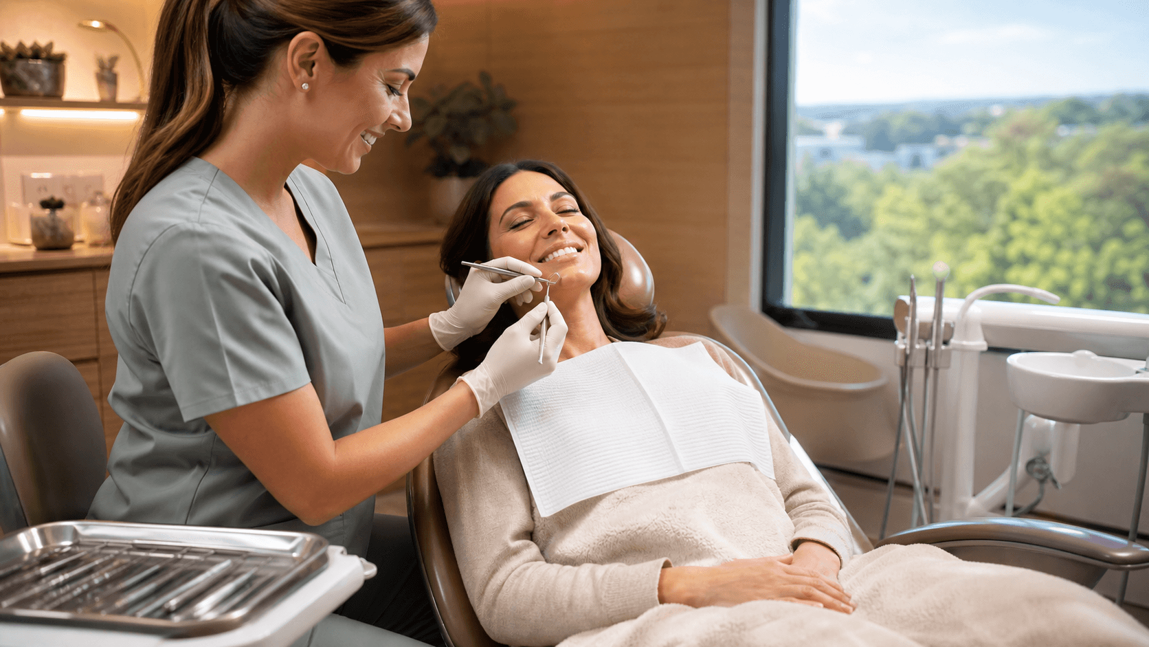 Smiling patient in dental chair under bright exam light as hygienist holds mirror and tools in a clean white room