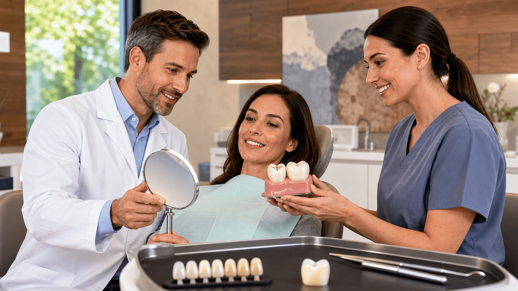 Close-up of a molar with a shiny gold crown beside dental tools on a white tray under bright clinic lighting