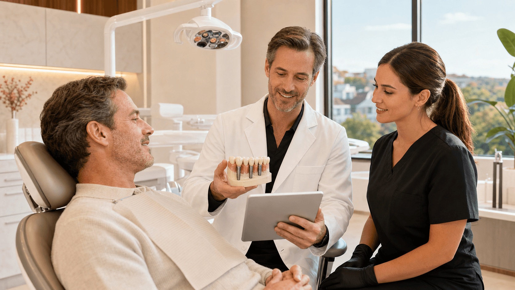 Smiling dental patient in a bright clinic chair as a dentist holds a full-arch implant model and tools.